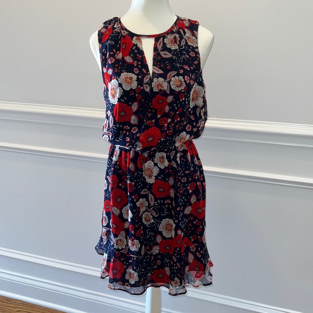 Greylin Navy Blue Dress with Red and White Flower Pattern Size Small